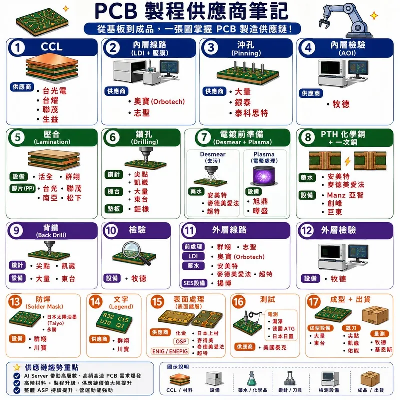 PCB 製程供應商筆記：從 CCL、內層線路、壓合、鑽孔、電鍍、背鑽、外層線路、防焊、表面處理到測試與成型出貨，共 17 個製程步驟與各步驟的材料、藥水、設備供應商。