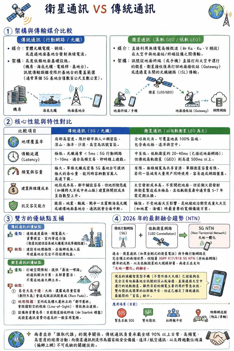 衛星通訊與傳統通訊比較圖：架構與傳輸媒介、覆蓋率／延遲／頻寬／成本／抗災五項對比、雙方優缺點，以及 2026 年 5G NTN 天地一體化趨勢。