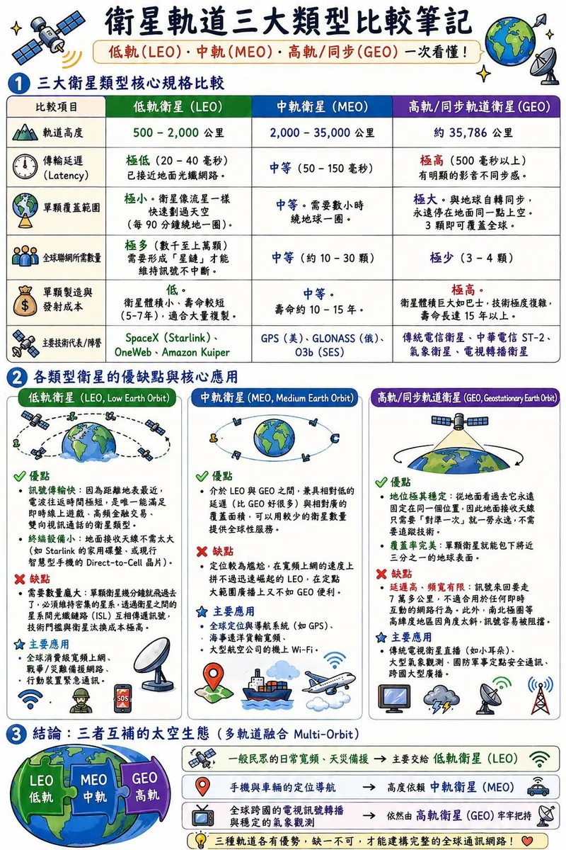 衛星軌道三大類型比較筆記：低軌（LEO）、中軌（MEO）、高軌／同步（GEO）的軌道高度、延遲、覆蓋範圍、所需數量、成本與代表業者，以及各自優缺點與主要應用。