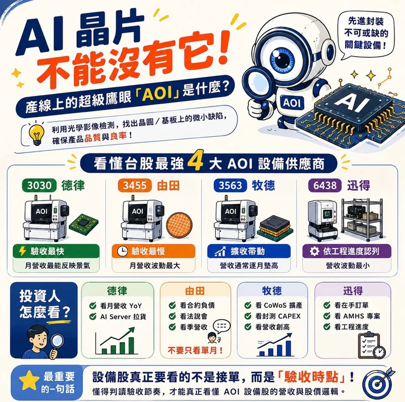 AOI 封面：產線上的超級鷹眼「AOI」是什麼，並比較德律、由田、牧德、迅得四家 AOI 設備商的營收認列特性與觀察重點。
