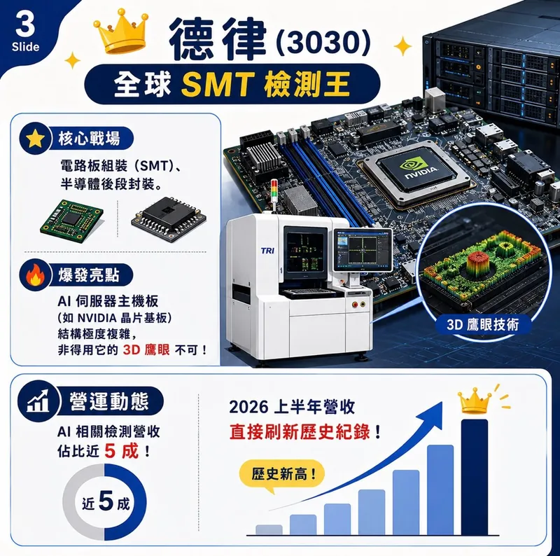 德律（3030）全球 SMT 檢測王：核心戰場為 SMT 與半導體後段封裝，AI 相關檢測營收佔比近 5 成。