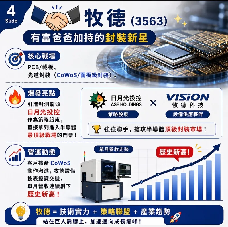 牧德（3563）封裝新星：核心戰場為 PCB／載板與先進封裝，日月光投控為策略股東，單月營收連續創新高。