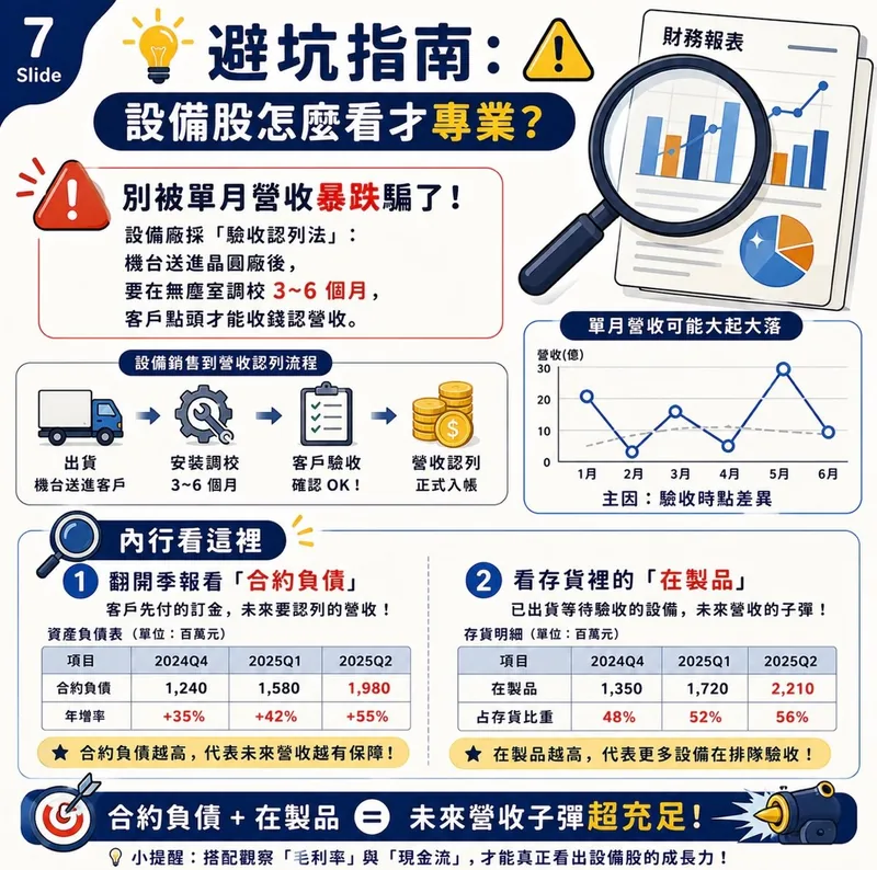 避坑指南：設備廠採驗收認列法，說明出貨到營收認列流程，並以合約負債與在製品示意表說明如何觀察未來營收。