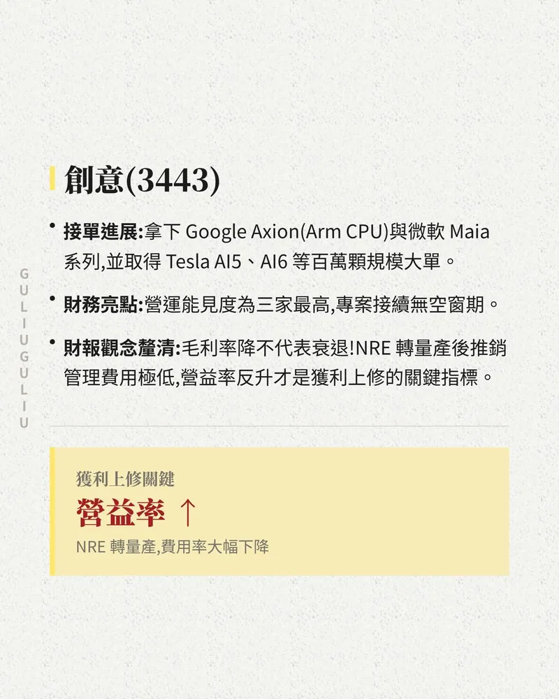 創意（3443）重點：拿下 Google Axion、微軟 Maia 與 Tesla AI5、AI6 訂單，營益率上升是獲利上修關鍵。