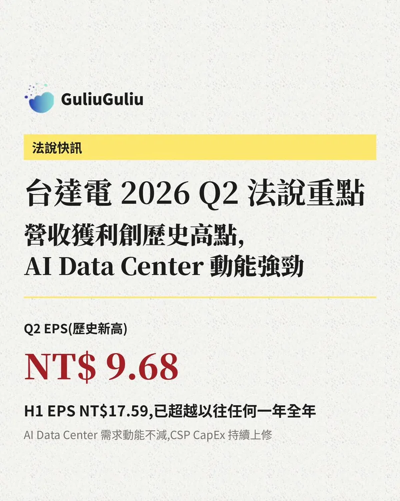台達電 2026 Q2 法說重點封面：Q2 EPS NT$9.68 創歷史新高，H1 EPS NT$17.59 已超越以往任何一年全年。