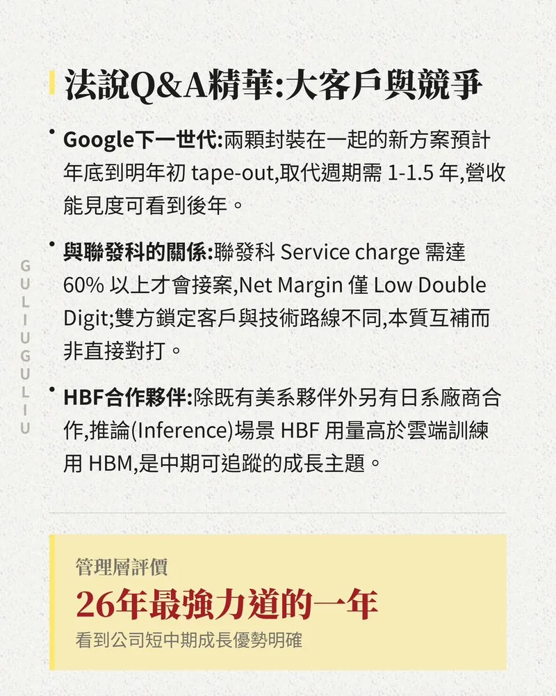 創意電子法說 Q&A 精華：Google 下一世代方案、與聯發科的關係、HBF 合作夥伴。