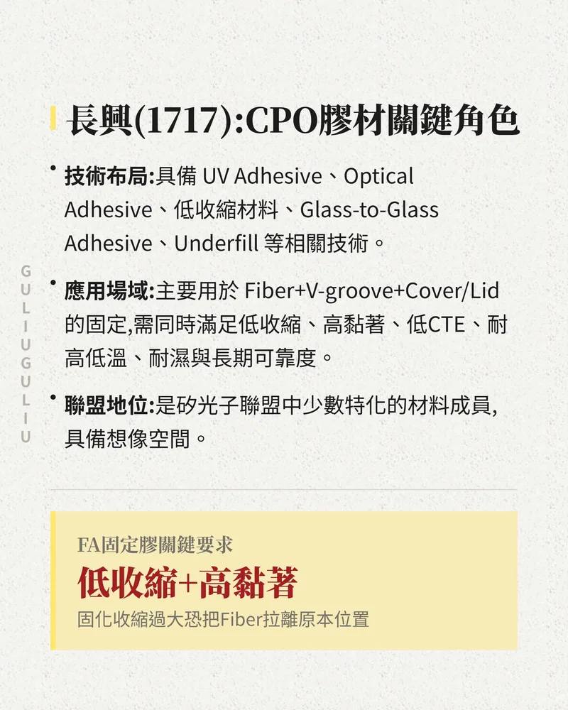 長興（1717）的 CPO 膠材角色：UV Adhesive、低收縮材料等技術，FA 固定膠需低收縮與高黏著。