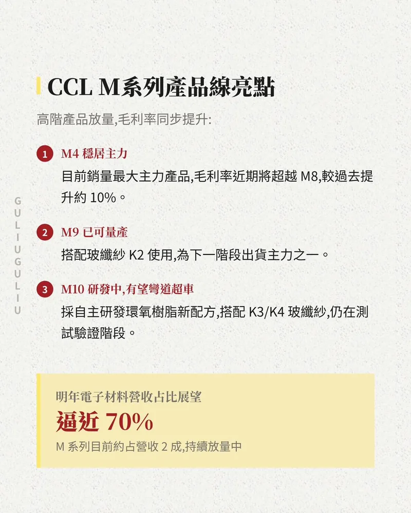CCL M 系列產品線亮點：M4 穩居主力、M9 已可量產、M10 研發中，明年電子材料營收占比展望逼近 70%。
