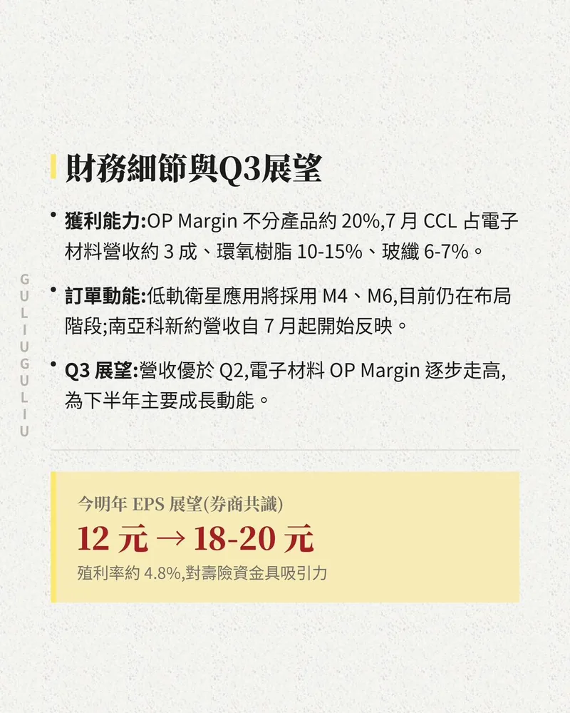 財務細節與 Q3 展望：OP Margin 約 20%、低軌衛星訂單動能、Q3 營收優於 Q2，以及今明年 EPS 券商共識。
