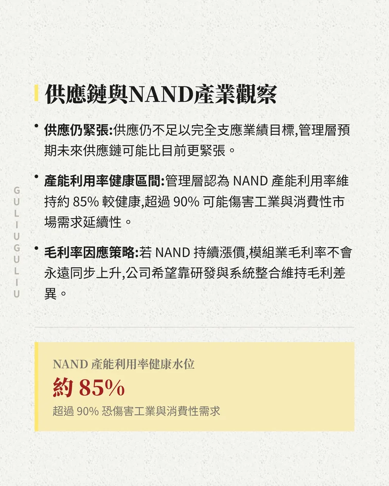 供應鏈與 NAND 產業觀察：供應仍緊張、產能利用率健康水位約 85%、毛利率因應策略。