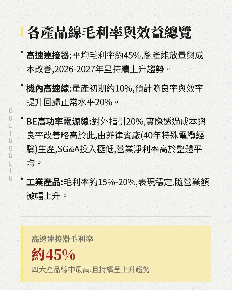 各產品線毛利率總覽：高速連接器約45%、機內高速線初期約10%、BE高功率電源線指引20%、工業產品15%-20%。