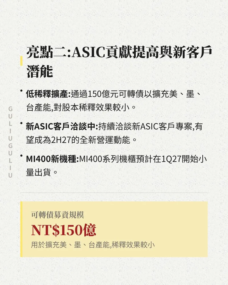 亮點二 ASIC 貢獻與新客戶：150 億元可轉債擴充美、墨、台產能，新 ASIC 客戶洽談中，MI400 系列機櫃 1Q27 小量出貨。